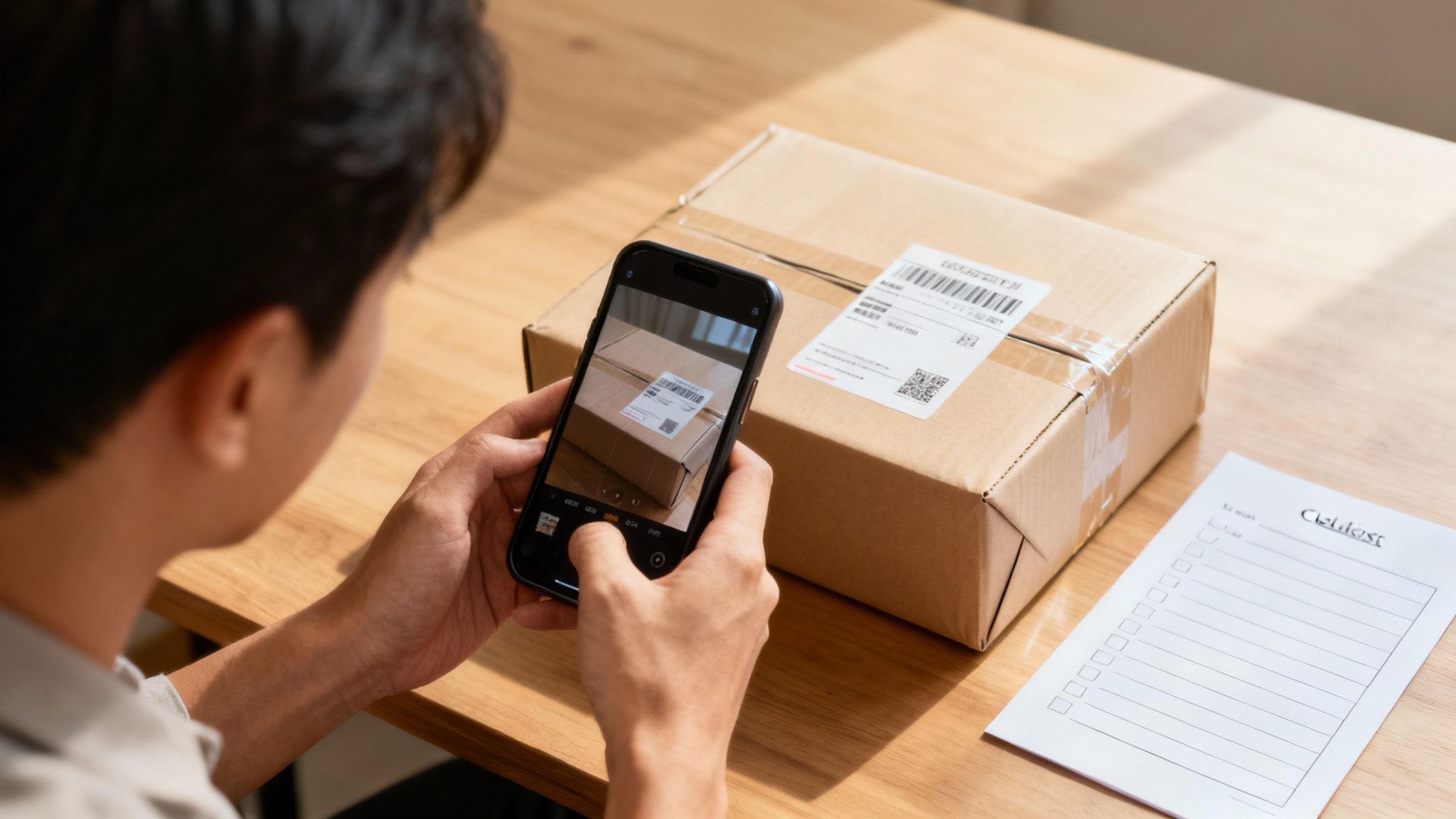 A person uses a smartphone to photograph a shipping box with a label on a wooden table.