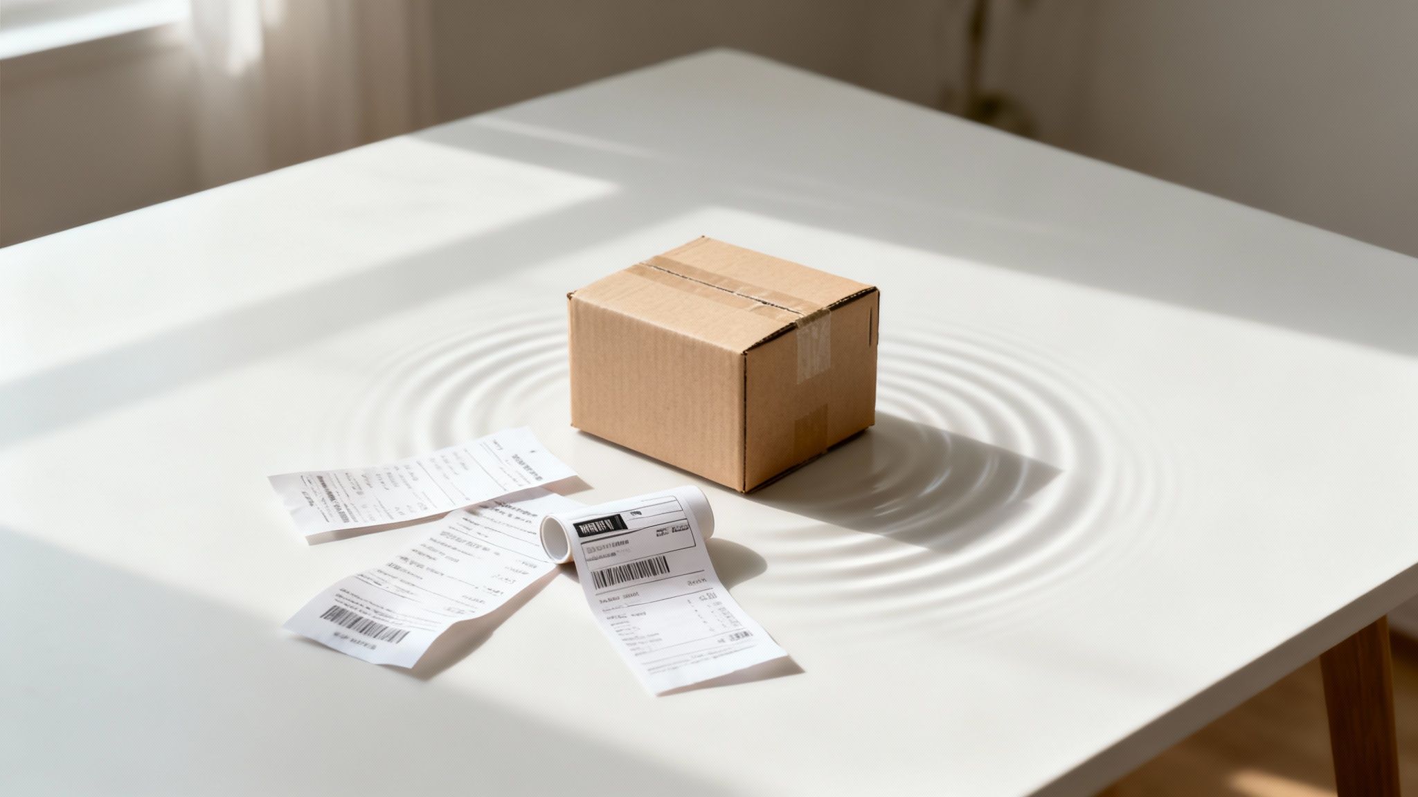 A small cardboard box and receipts on a white table with artistic ripple effects.