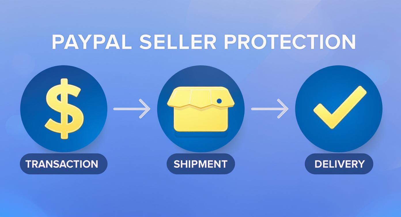 An infographic illustrating PayPal Seller Protection process, from transaction to shipment and successful delivery.