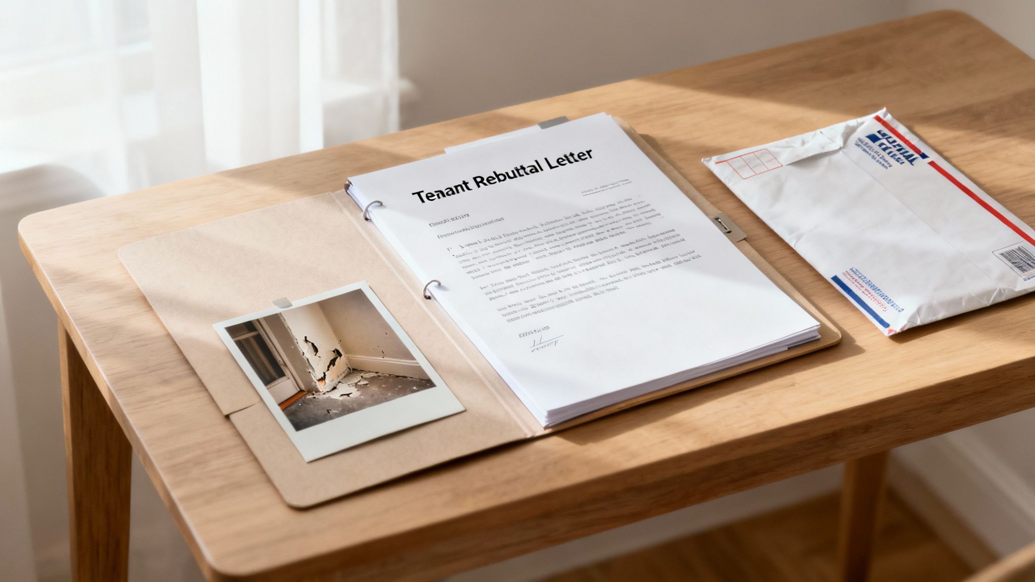 A 'Tenant Rebuttal Letter' in a binder, a photo of a damaged wall, and a mail envelope on a wooden desk.