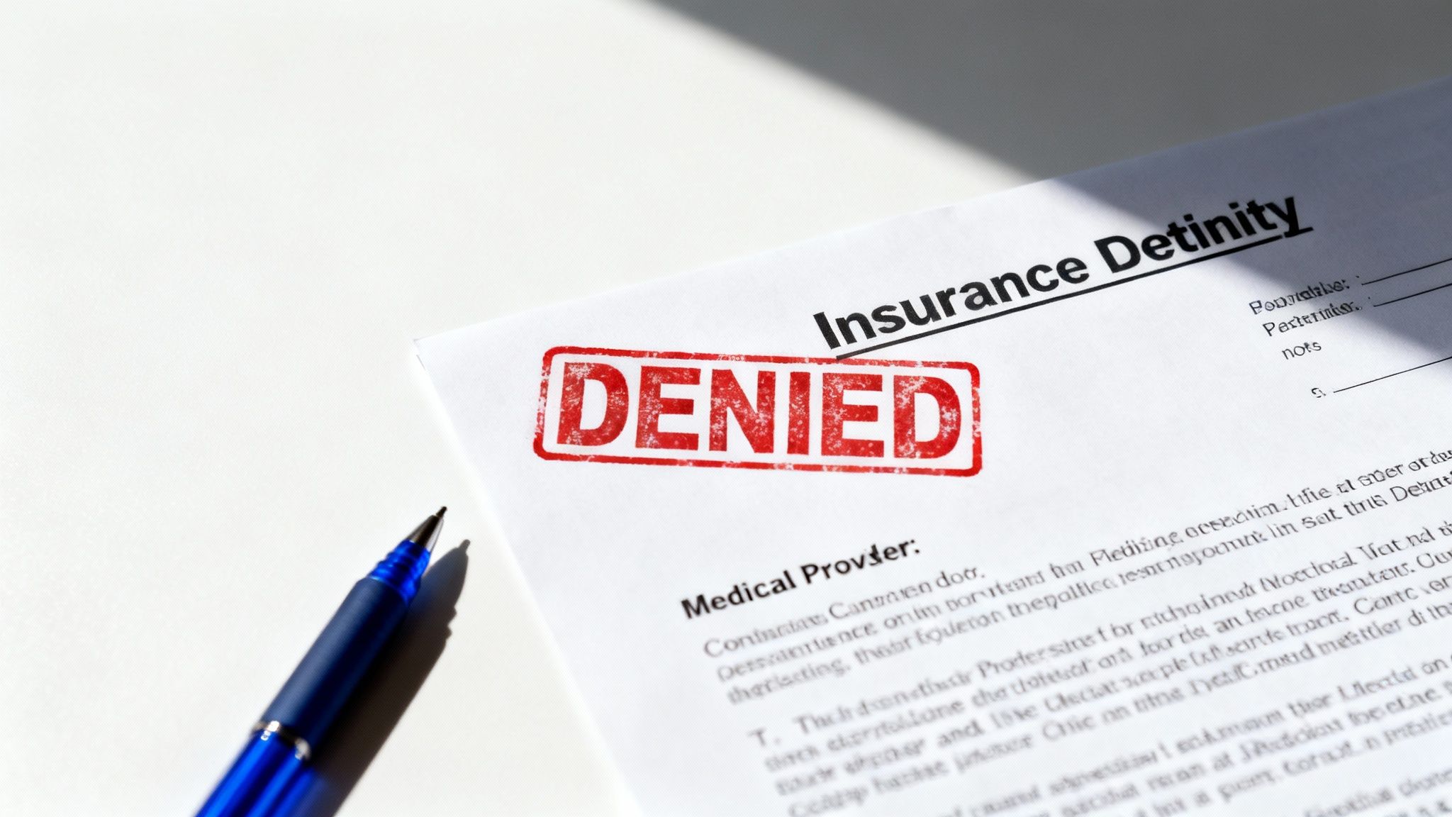 Close-up of an insurance document with a red 'DENIED' stamp and a blue pen.