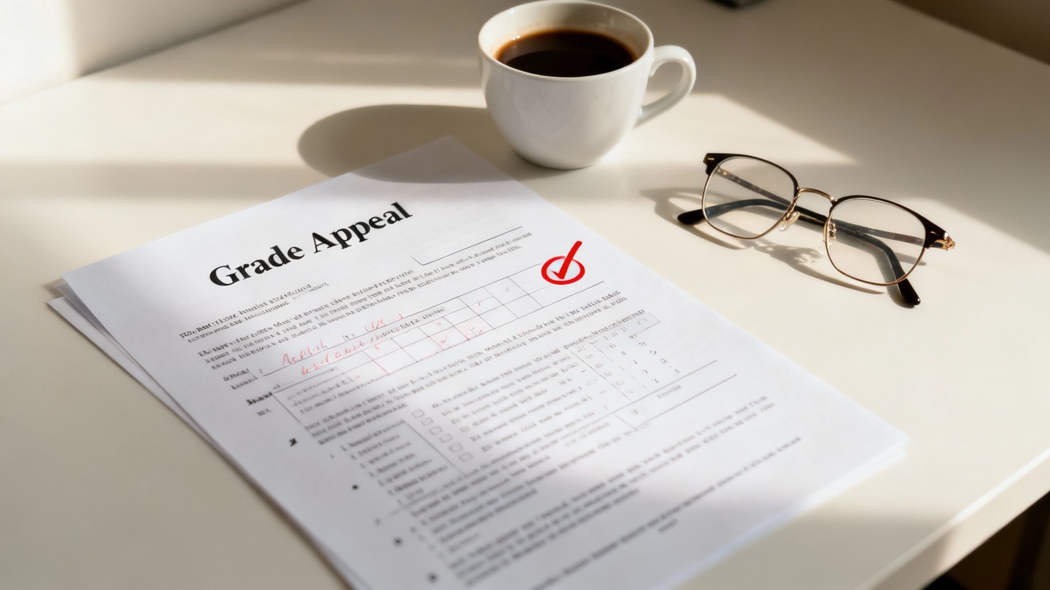 A 'Grade Appeal' form with a red checkmark on a desk, next to a coffee cup and reading glasses.