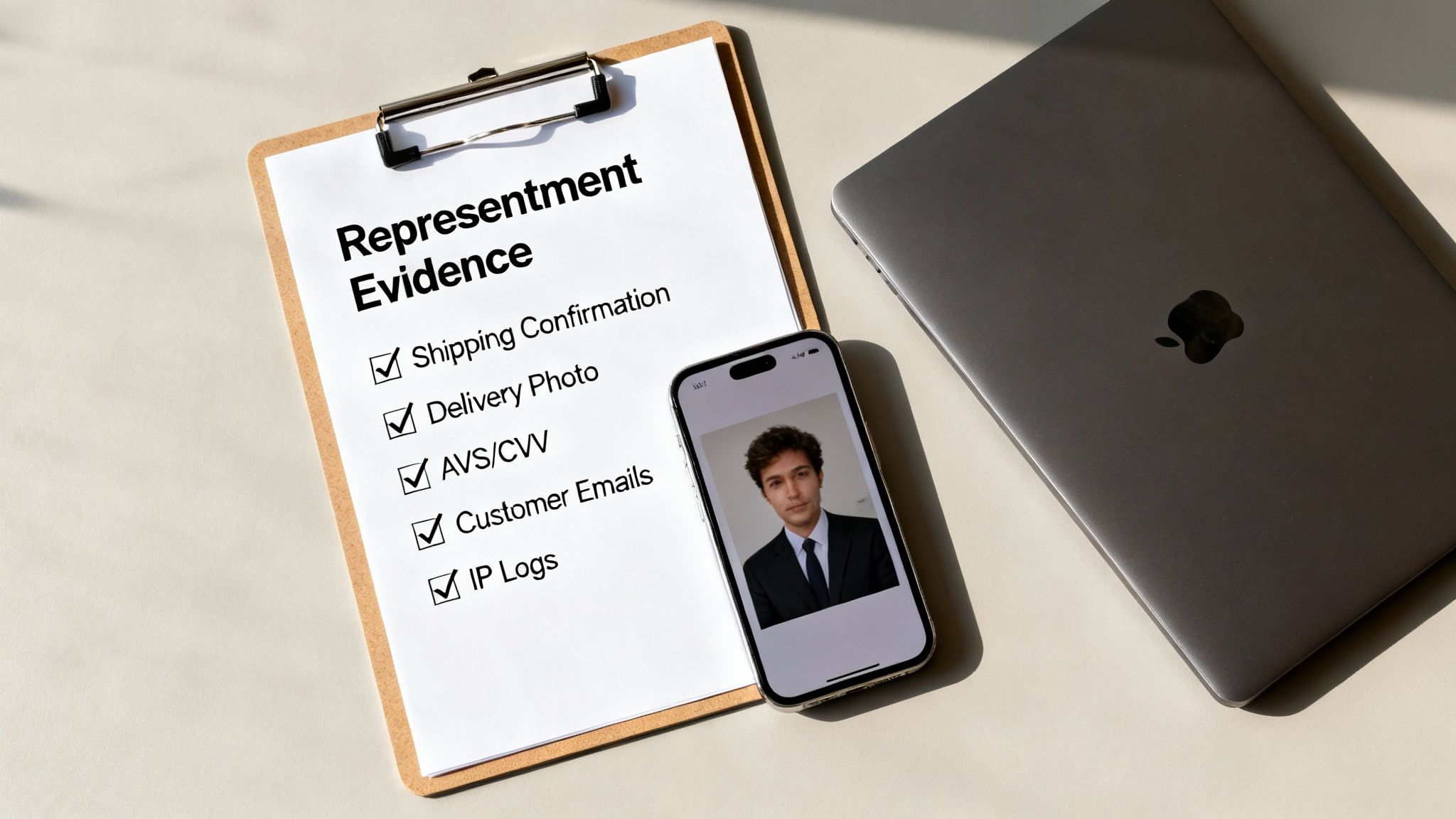 A clipboard with 'Representment Evidence' checklist, a smartphone with a man's photo, and a laptop.