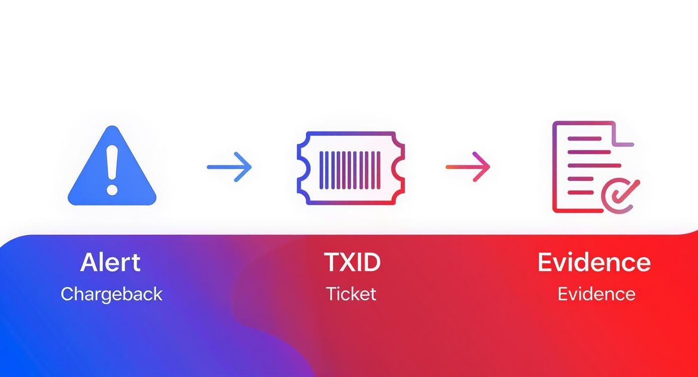 Diagram showing the process flow from Alert/Chargeback to TXID/Ticket and then to Evidence, with icons.