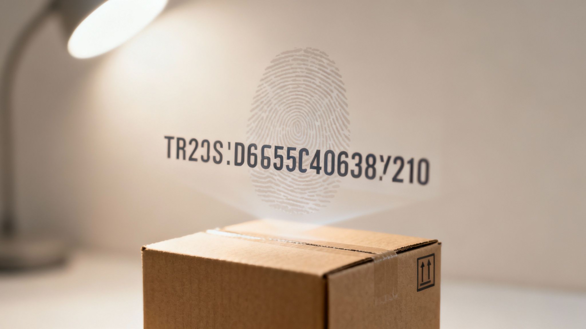 A cardboard box with a projected holographic fingerprint and a transaction ID code above it, under a lamp.