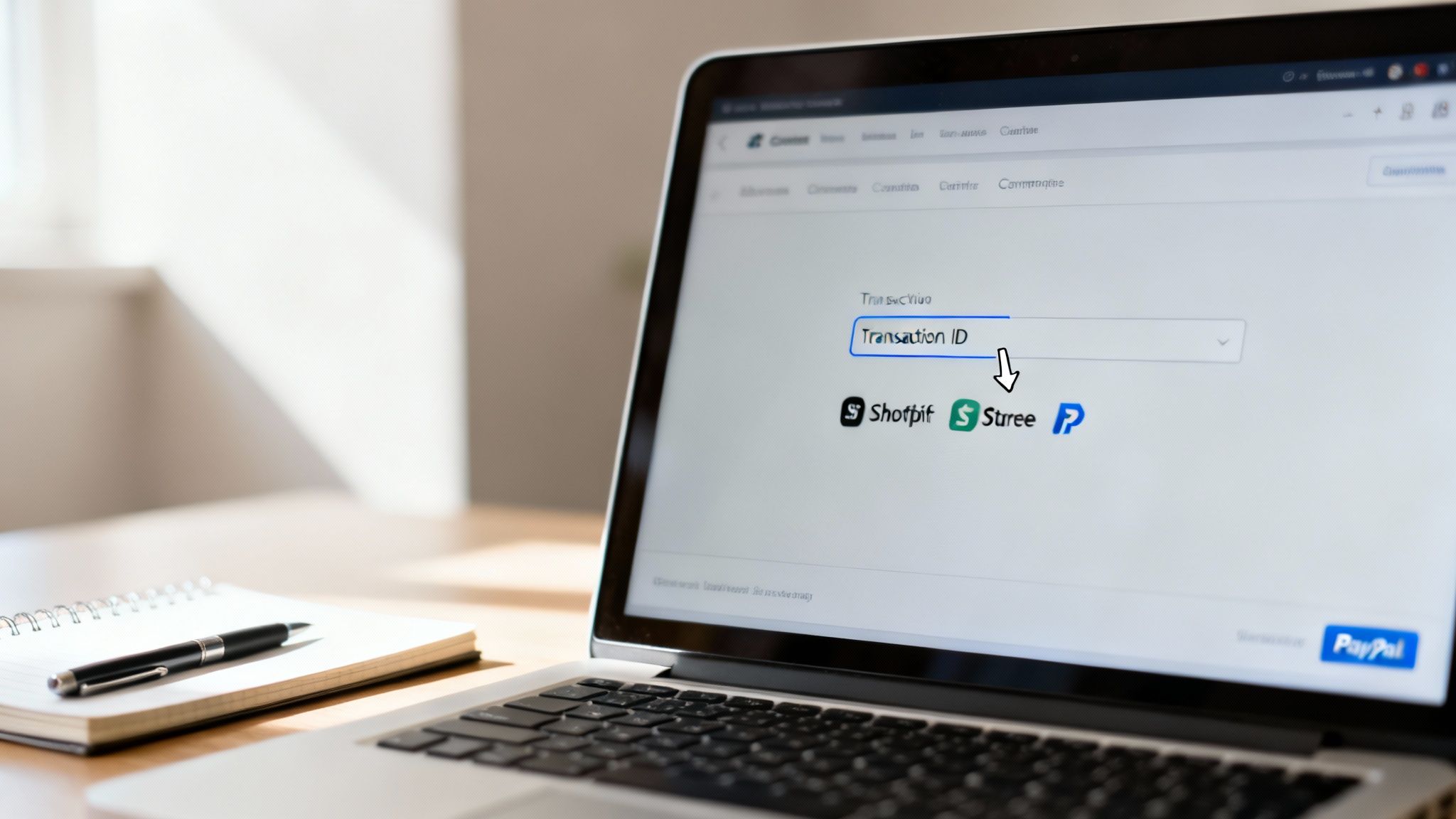 A laptop screen showing a 'Transaction ID' input field and various payment platform logos.
