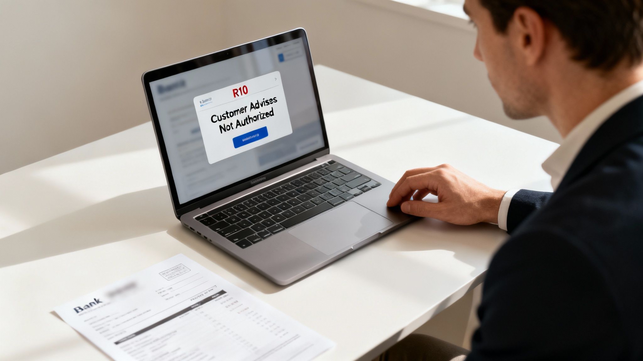 Man looking at a laptop displaying an R10 'Customer Advises Not Authorized' error message, with bank documents nearby.