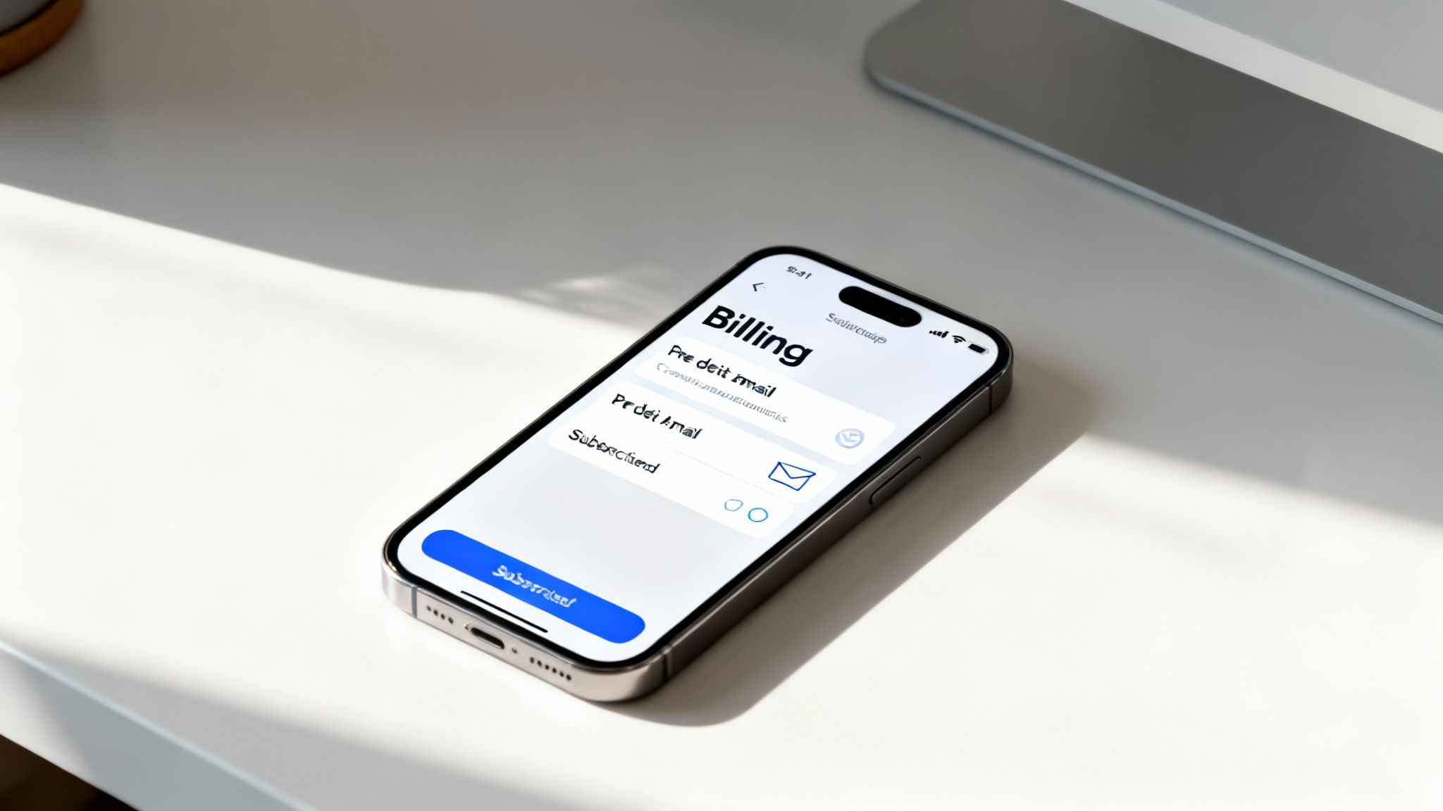 An iPhone on a white desk displays a 'Billing' screen with email and subscription options.