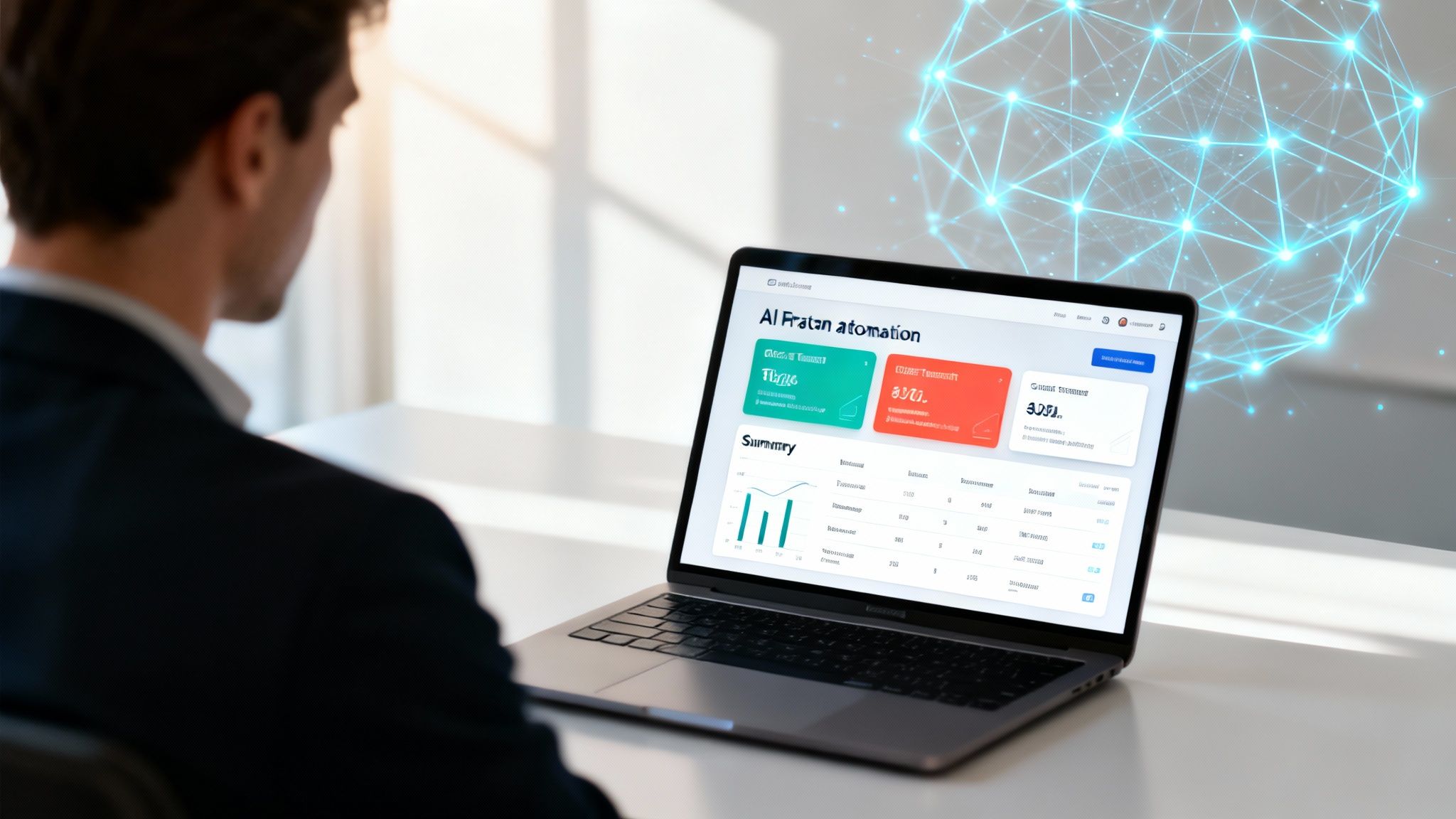 Man using a laptop displaying an AI automation dashboard with a digital network in the background.