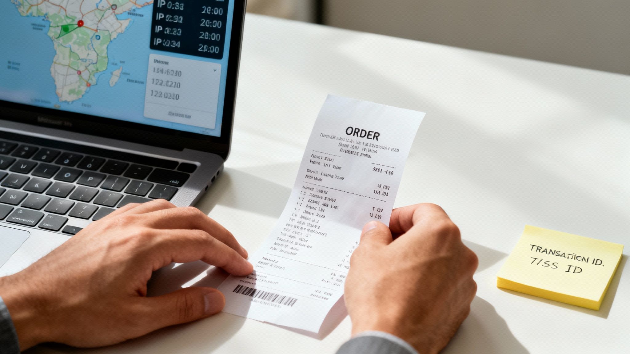 A person examining a receipt while using a laptop to review transaction data and IDs.