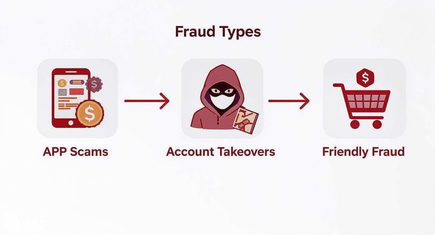 An illustration categorizing different fraud types: app scams, account takeovers, and friendly fraud.