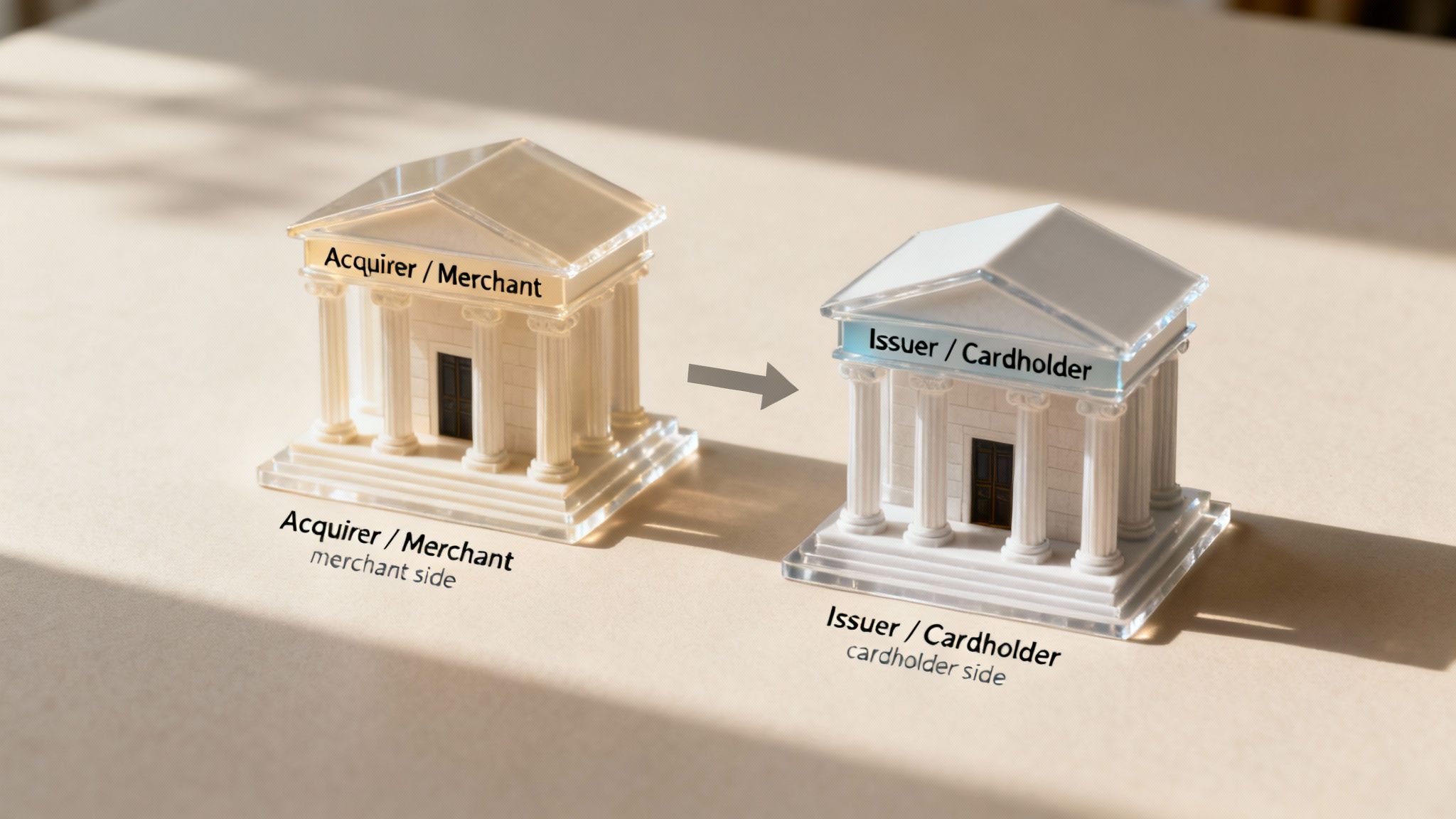 Two miniature bank buildings representing an acquirer/merchant and an issuer/cardholder in a payment flow.