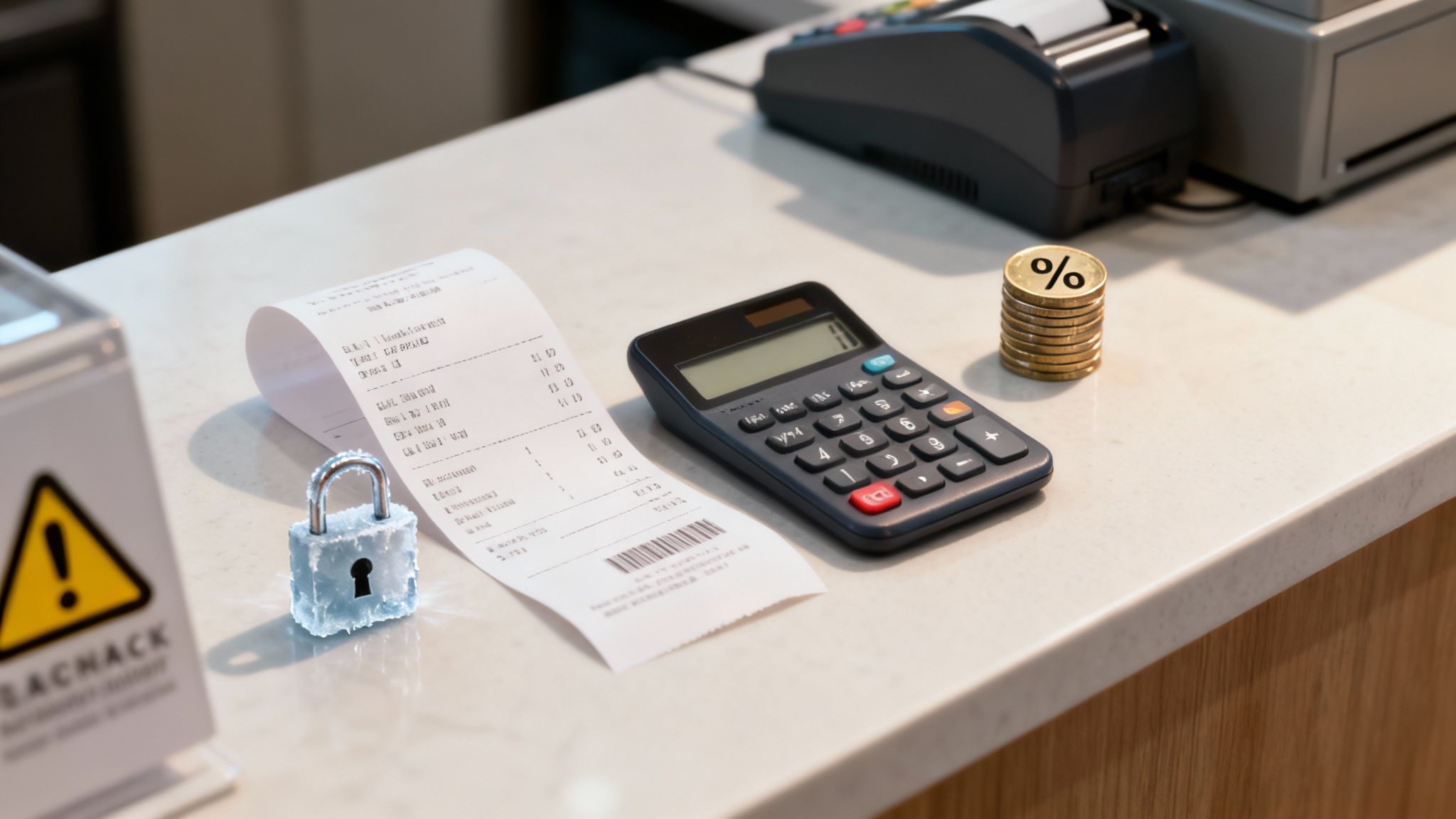 A calculator, receipt, icy padlock, and percentage coins on a retail counter.