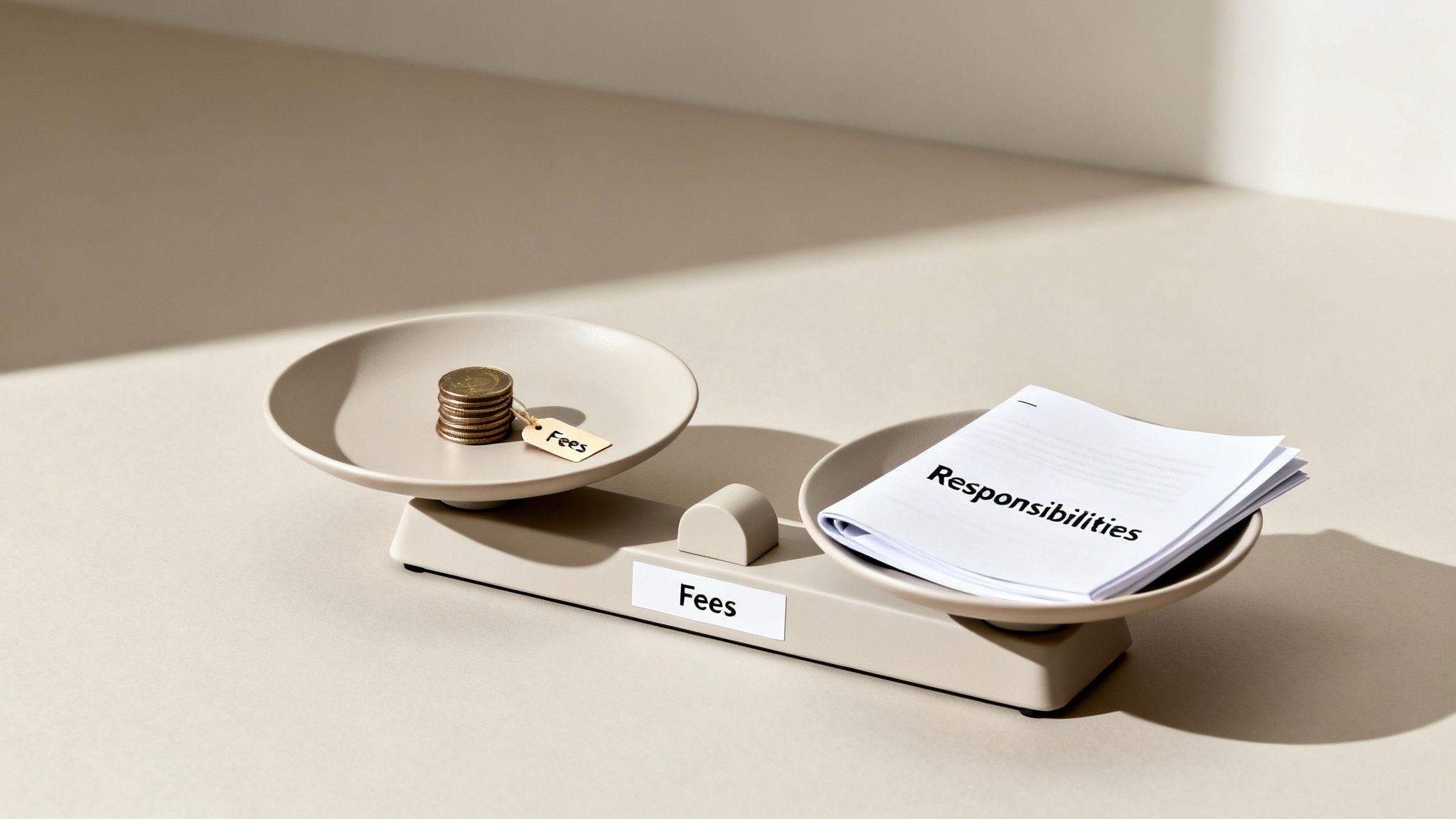 A balance scale with coins labeled "Fees" on one pan and papers labeled "Responsibilities" on the other.
