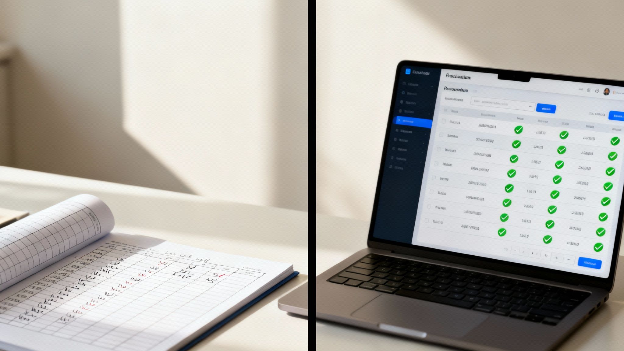 A traditional ledger book with handwritten entries next to a laptop displaying digital payment reconciliation.
