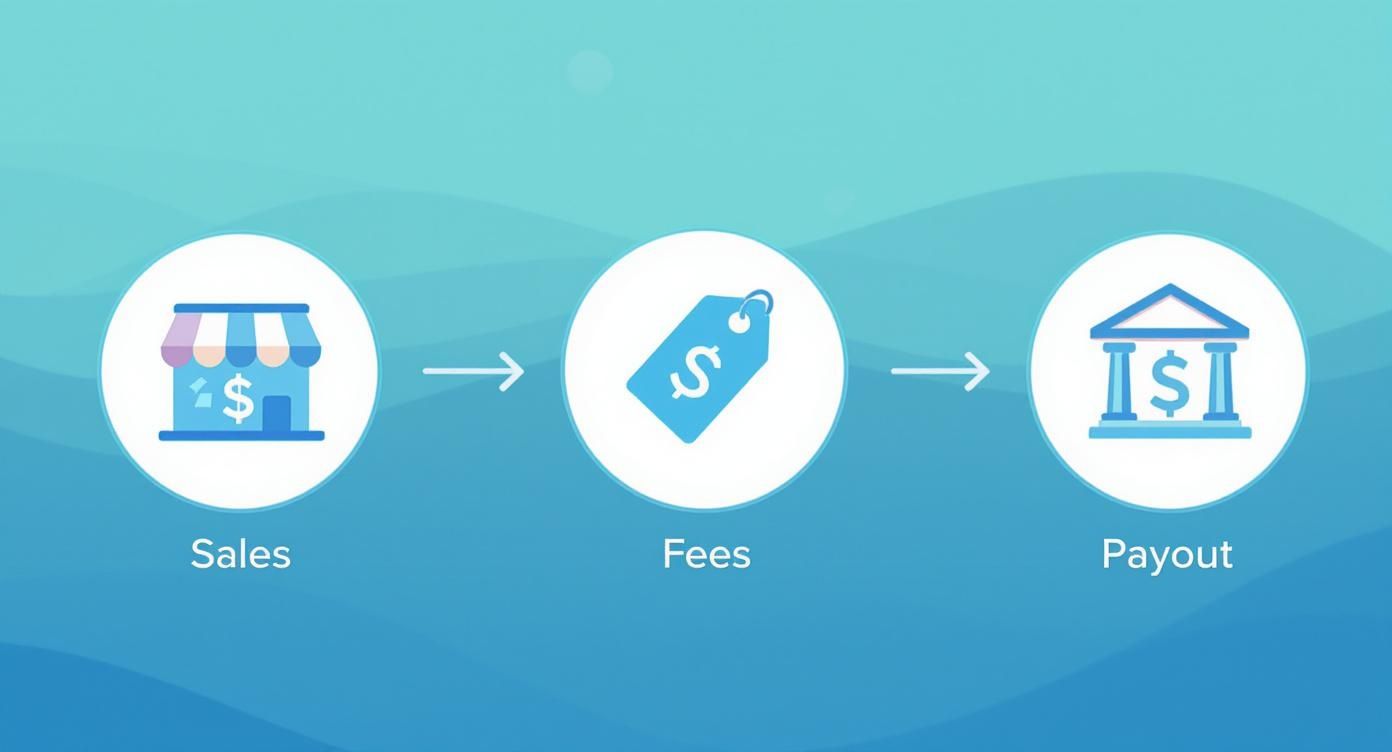 An infographic illustrating a financial process flow from Sales to Fees and then to Payout with corresponding icons.