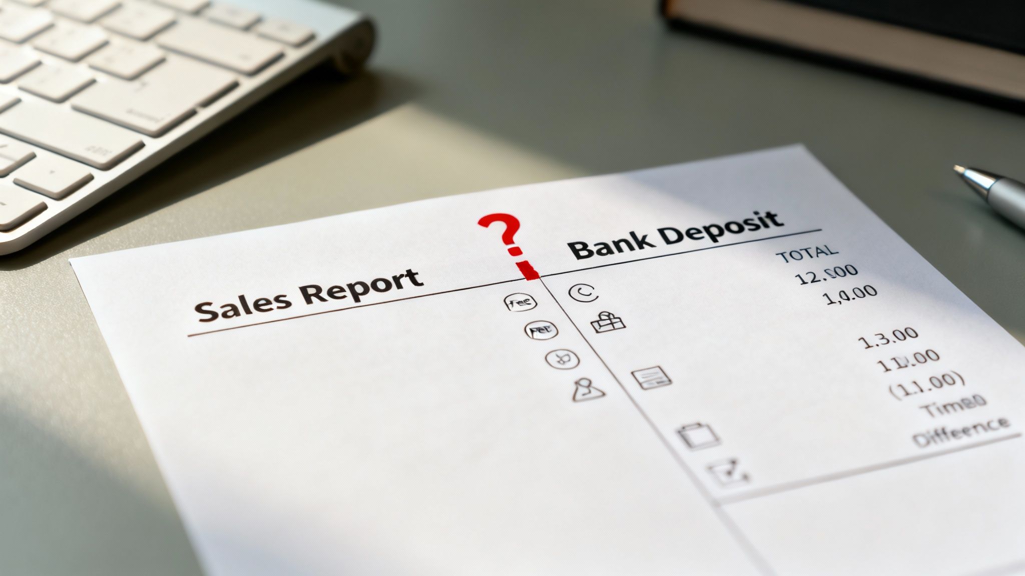 A sales report and bank deposit document with a red question mark on a desk.