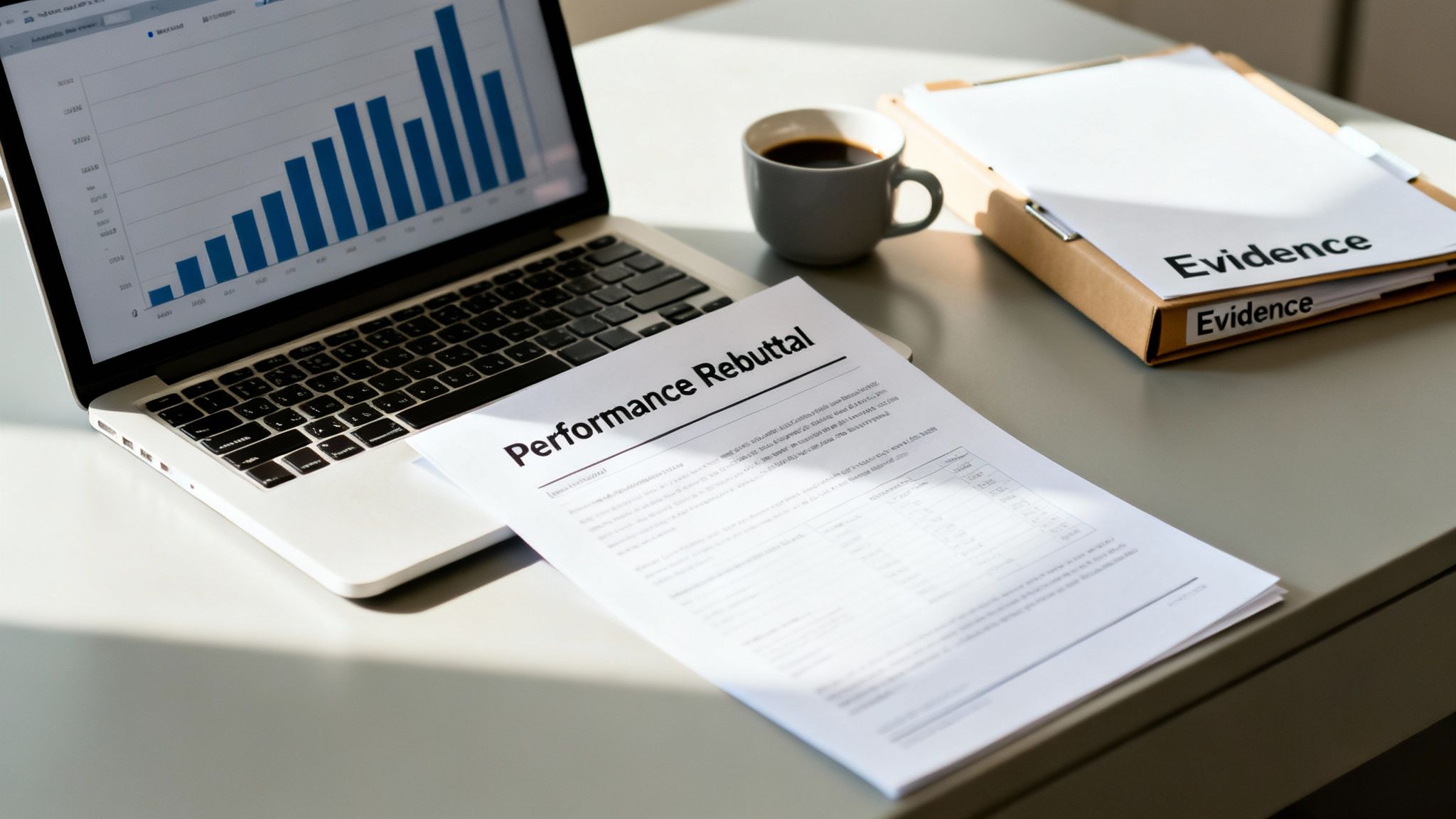 A professional desk setup featuring a laptop with a bar graph, a 'Performance Rebuttal' document, and an 'Evidence' folder.