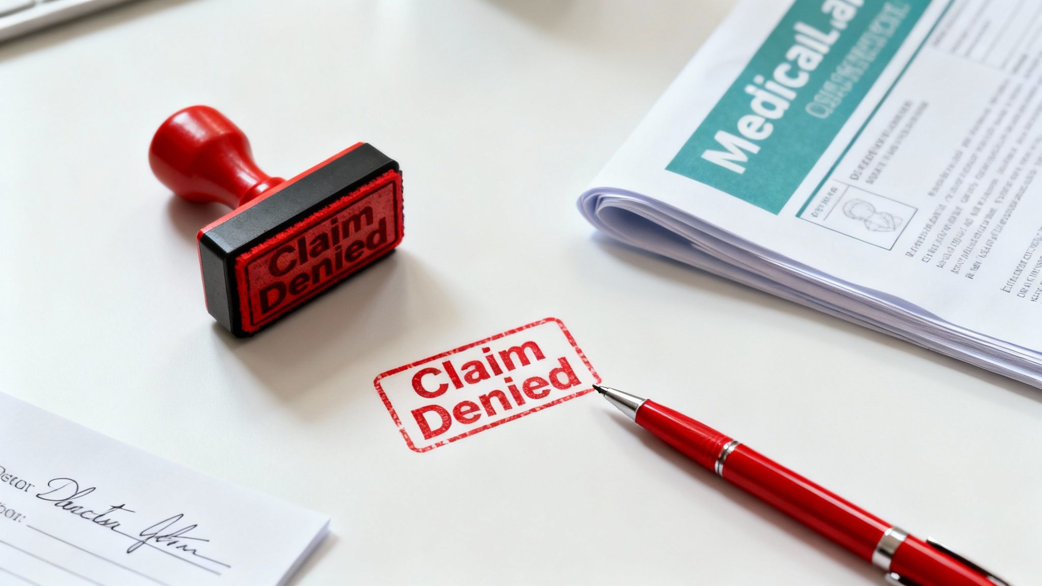 A red rubber stamp and a 'Claim Denied' impression on white paper, beside a pen and medical documents.