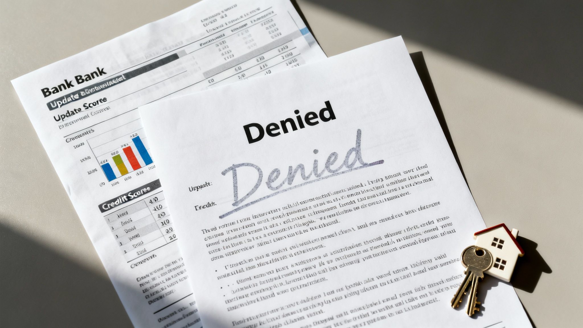 A document with 'Denied' printed on it, next to a credit score report and a house model with keys.