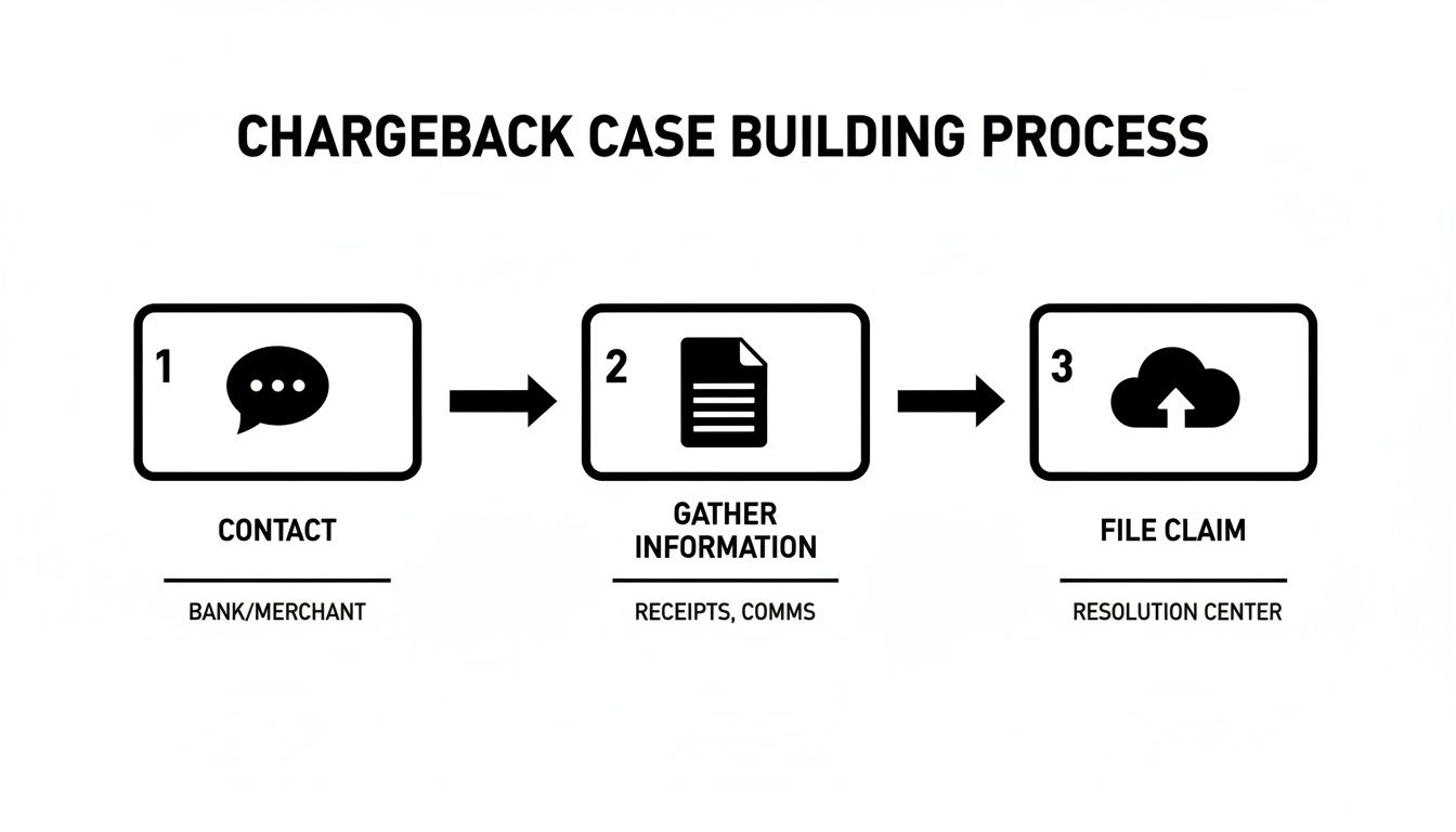 A 3-step process diagram showing how to build a chargeback case.
