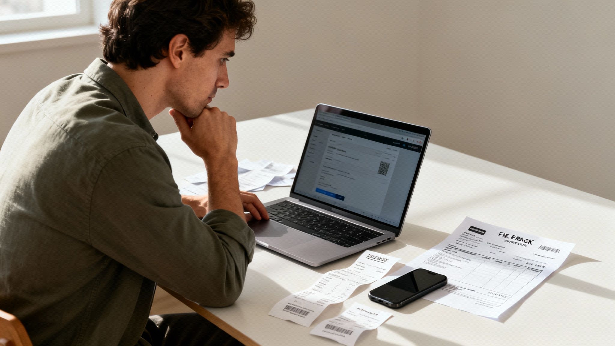 A man intensely looking at a laptop screen, surrounded by paper receipts and a smartphone on a desk.