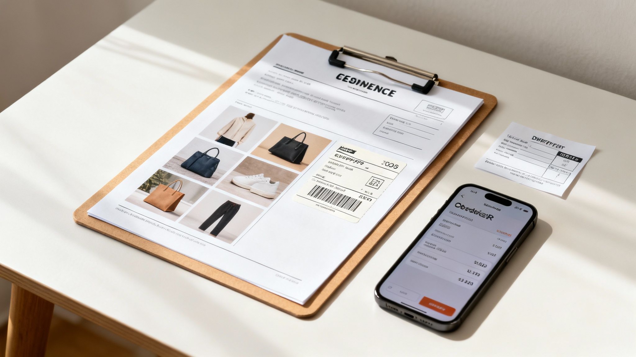 Overhead view of a document on a clipboard, a receipt, and a phone showing an order.