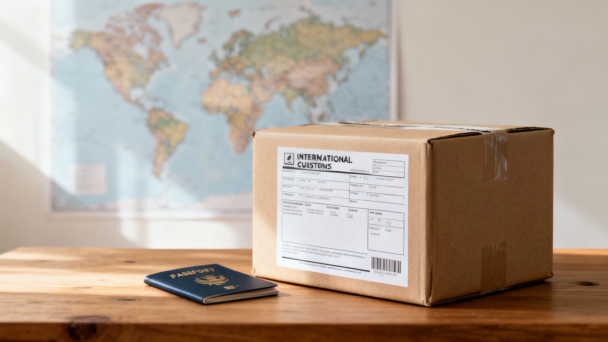 A package with an International Customs label, a passport, and a world map on a wooden table.