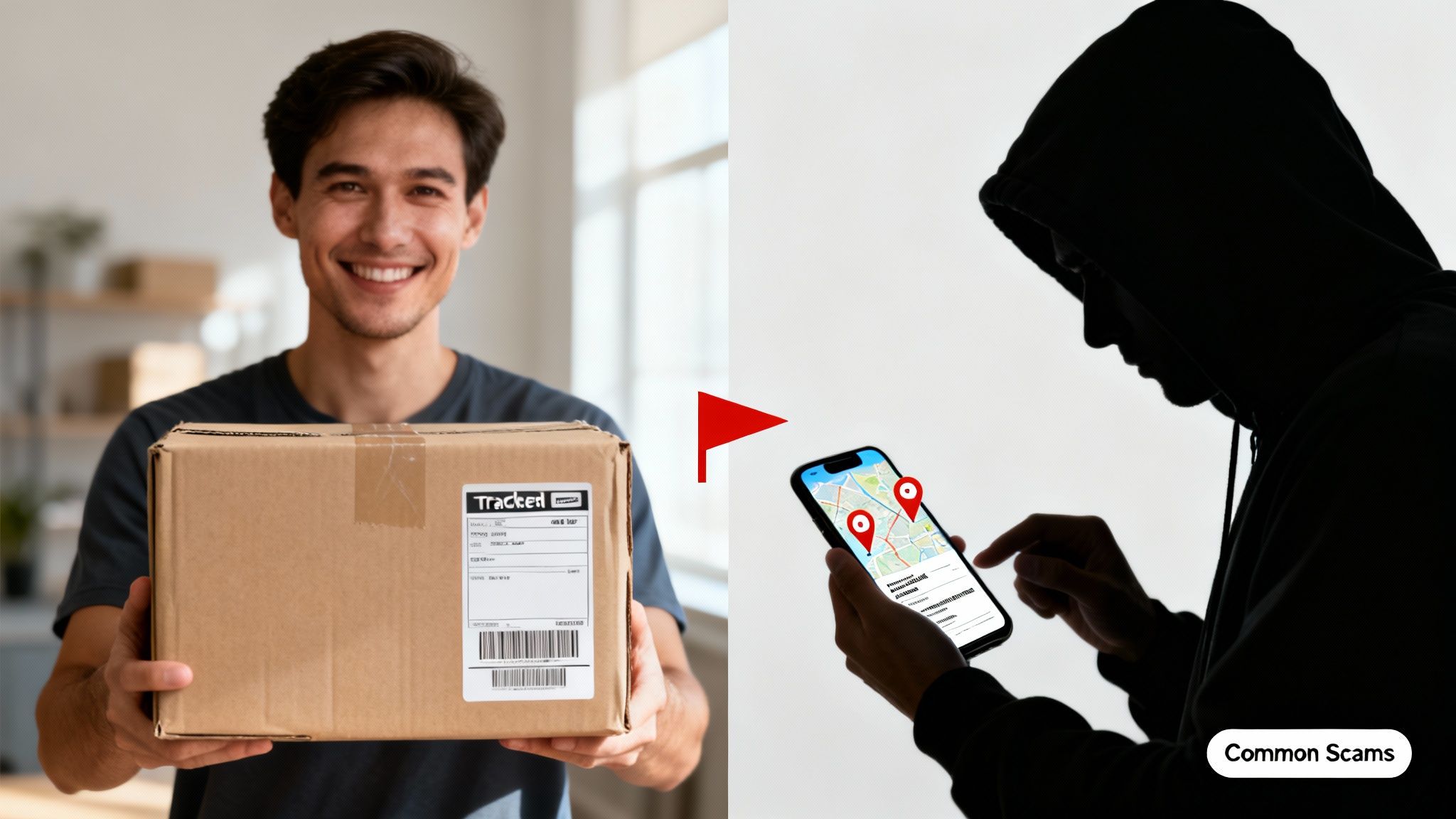 A man with a package and a hooded figure looking at a phone with a map, illustrating delivery scams.