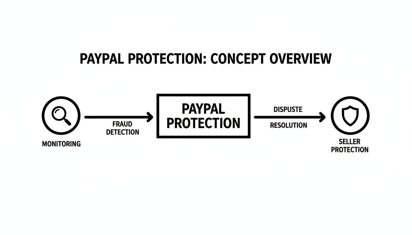 PayPal Protection concept overview diagram illustrating monitoring, fraud detection, dispute resolution, and seller protection.