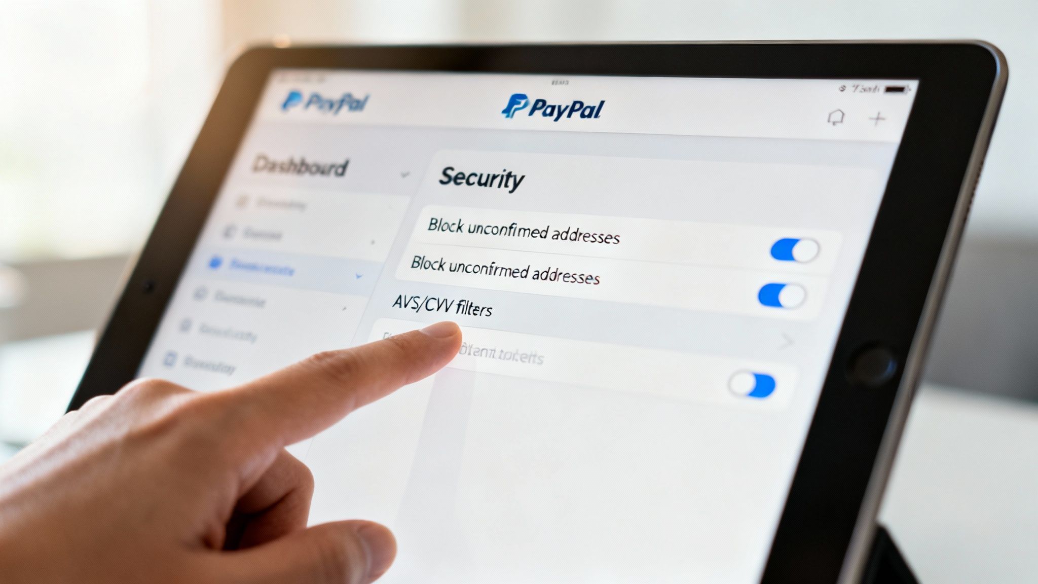 A finger taps on a tablet screen showing PayPal security settings for fraud protection.
