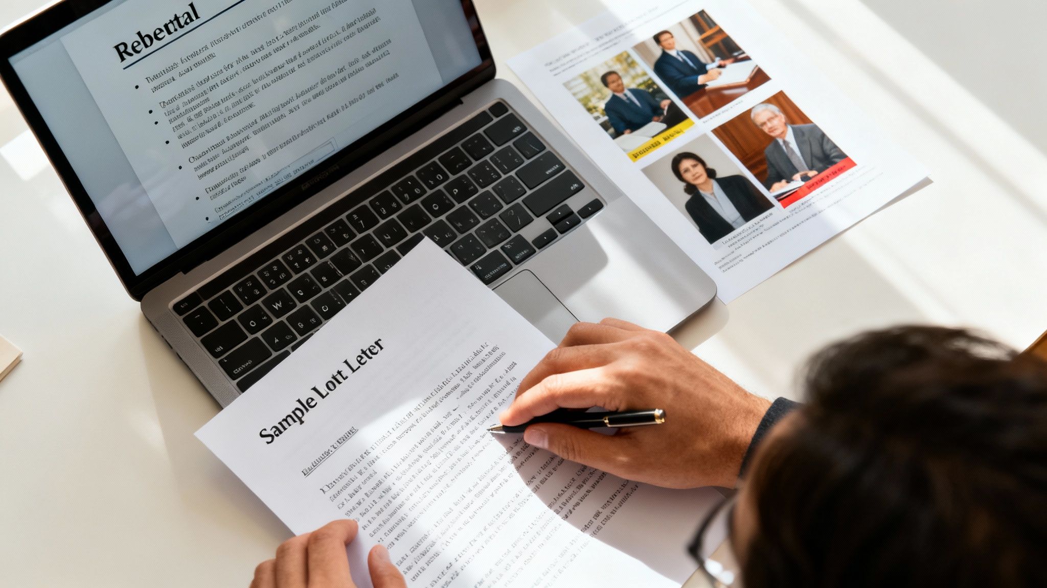 Close-up of a person's hands writing on a 'Sample Letter' document next to a laptop displaying 'Rebuttal' text.