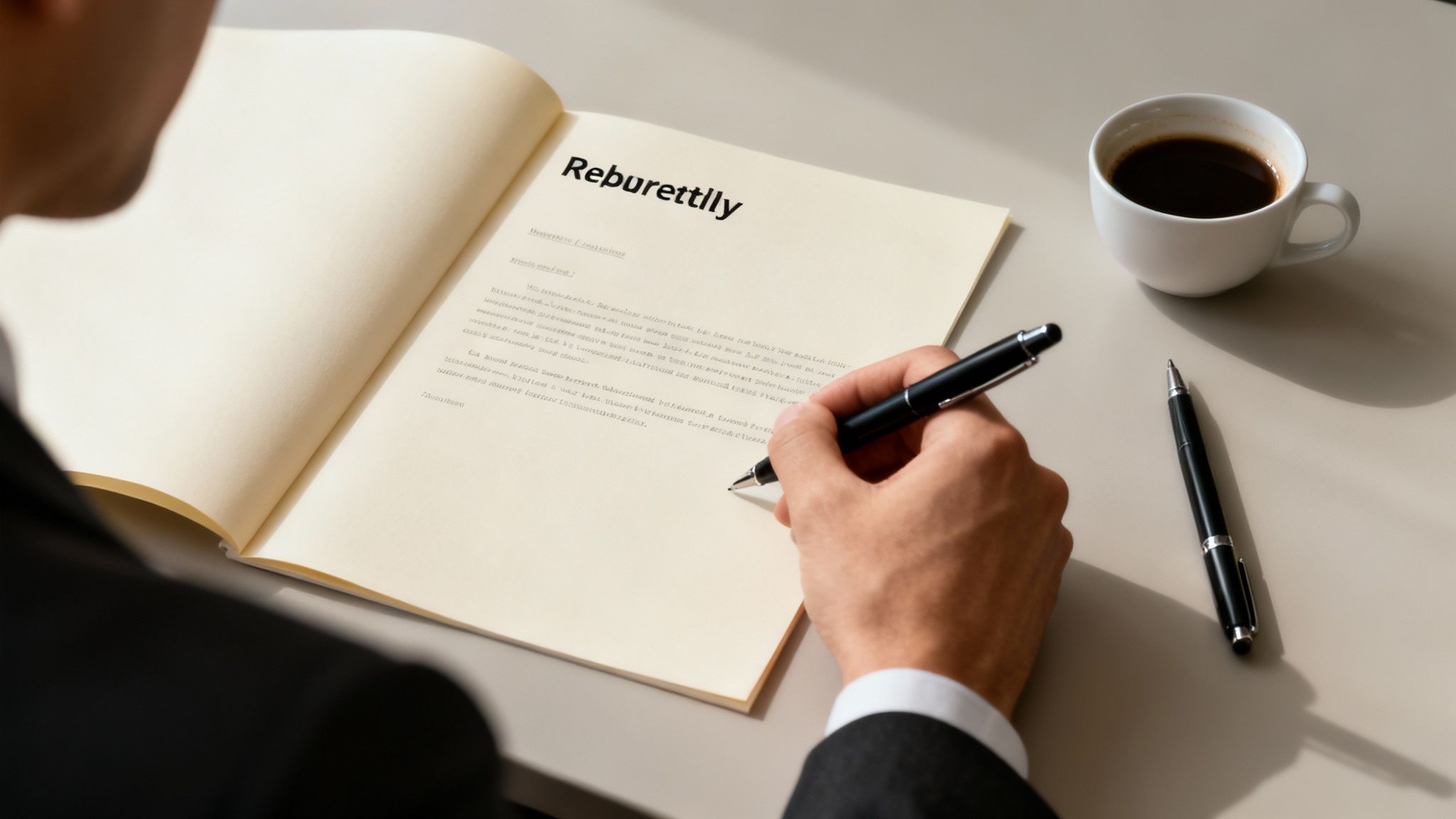A person's hand writing a document titled 'Reburettlly' on a desk with coffee.