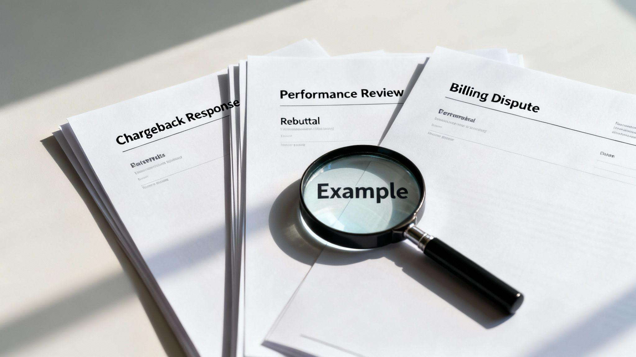 Close-up of three documents: Chargeback Response, Performance Review, and Billing Dispute, with a magnifying glass highlighting the word 'Example'.