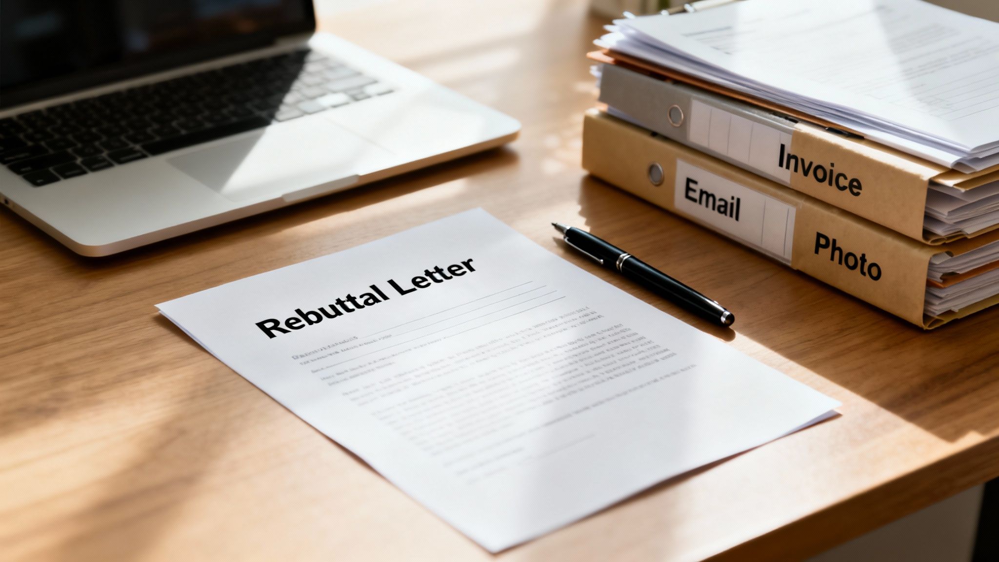 A 'Rebuttal Letter' document on a wooden desk with a laptop, pen, and labeled file folders.