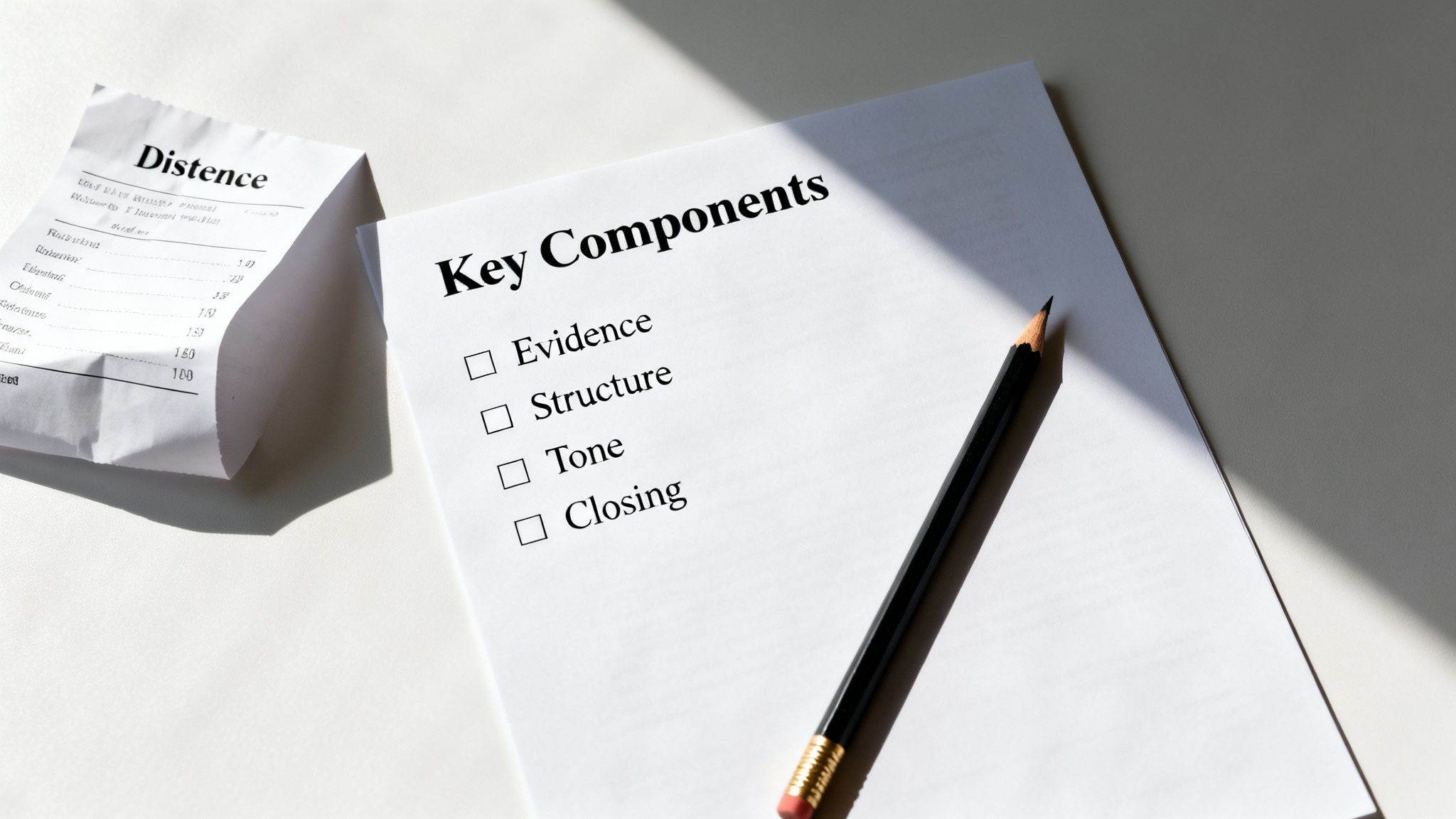 A checklist document titled 'Key Components' with a pencil, next to a crumpled receipt.