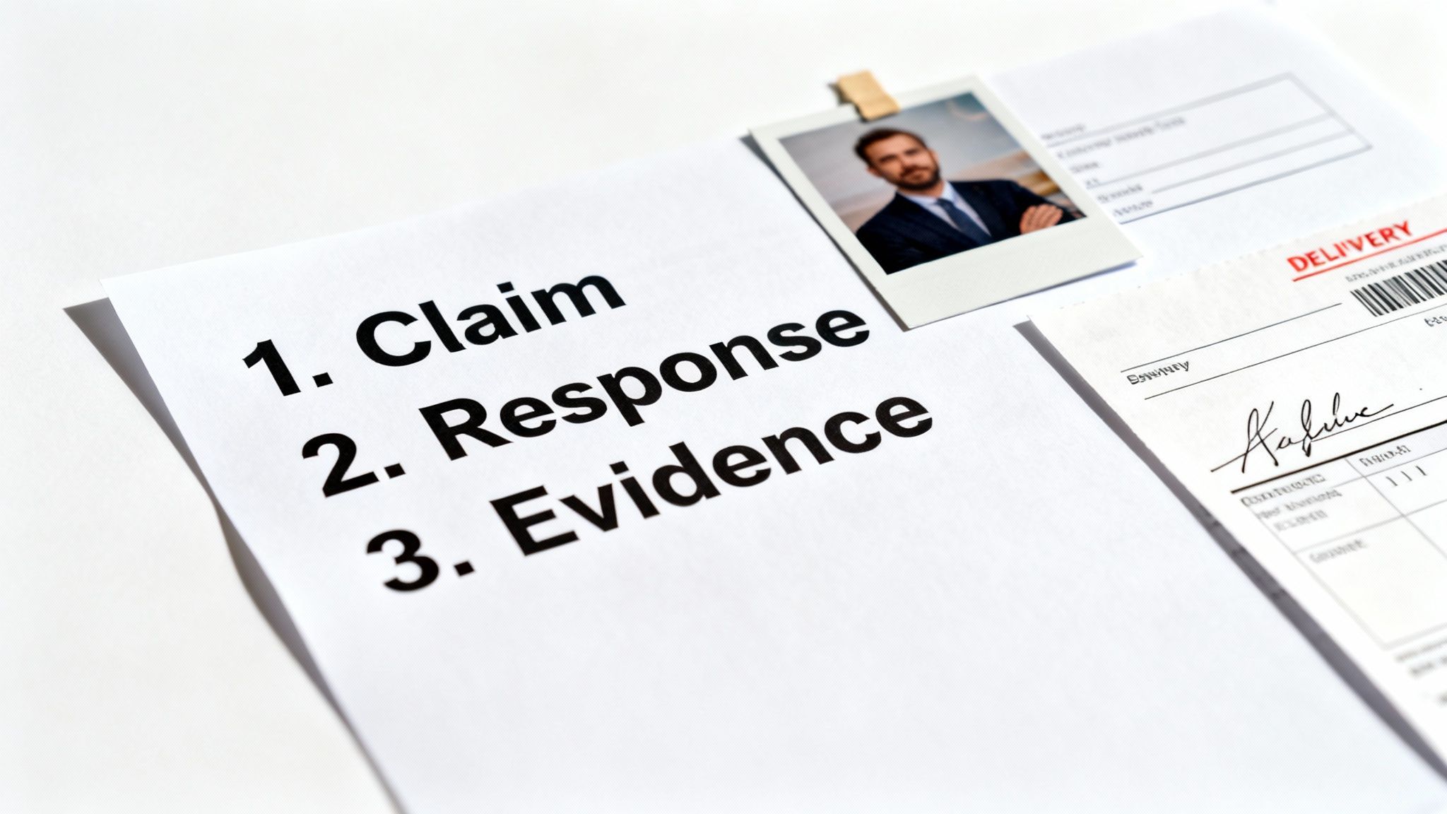 A paper outlines 'Claim, Response, Evidence' alongside a man's photo, delivery slip, and signed document.