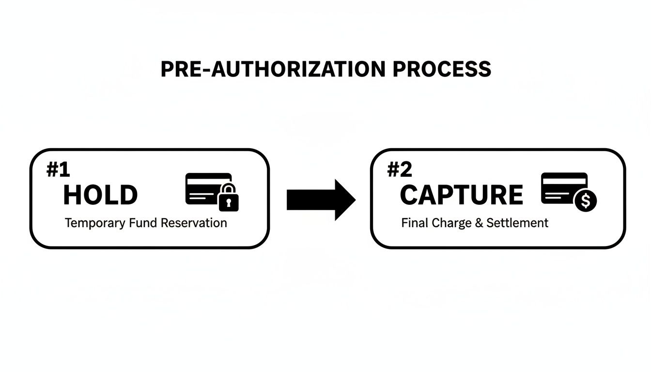 Diagram illustrates credit card pre-authorization process with hold for temporary reservation and capture for final settlement.