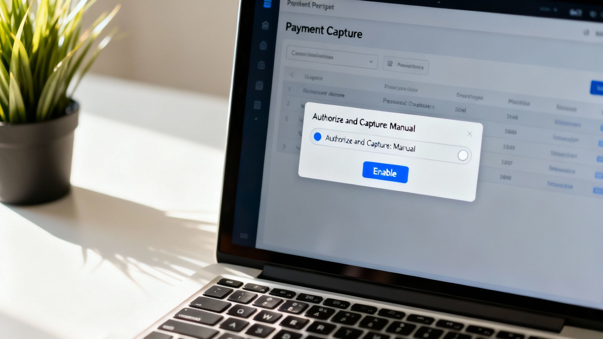 A laptop displays a payment capture screen with a pop-up modal for manual authorization and capture, showing an 'Enable' button.