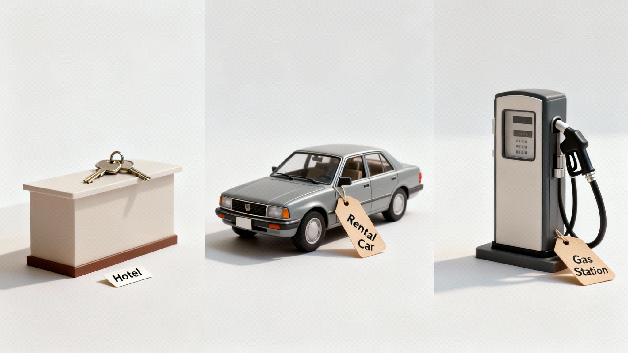 Three images show hotel keys, a rental car with a label, and a gas station pump, representing travel expenses.
