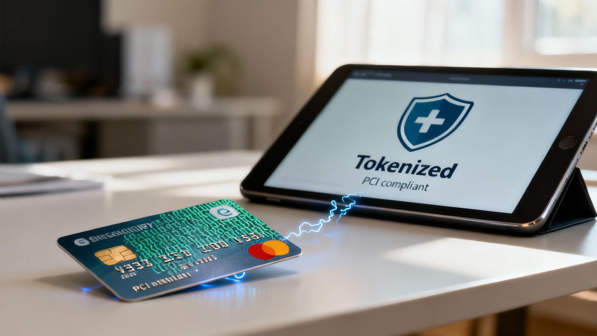 A credit card with a blue lightning bolt connecting to a tablet displaying 'Tokenized PCI compliant'.