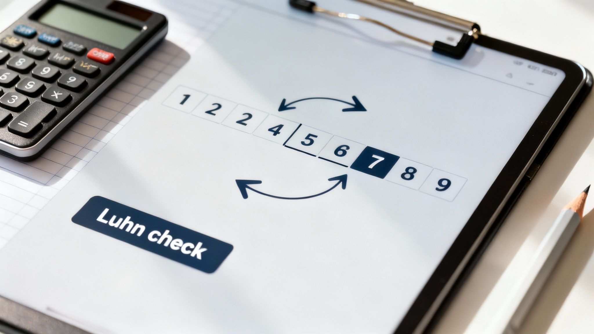 A tablet displays numbers for a Luhn check calculation, with a calculator and pencil nearby.