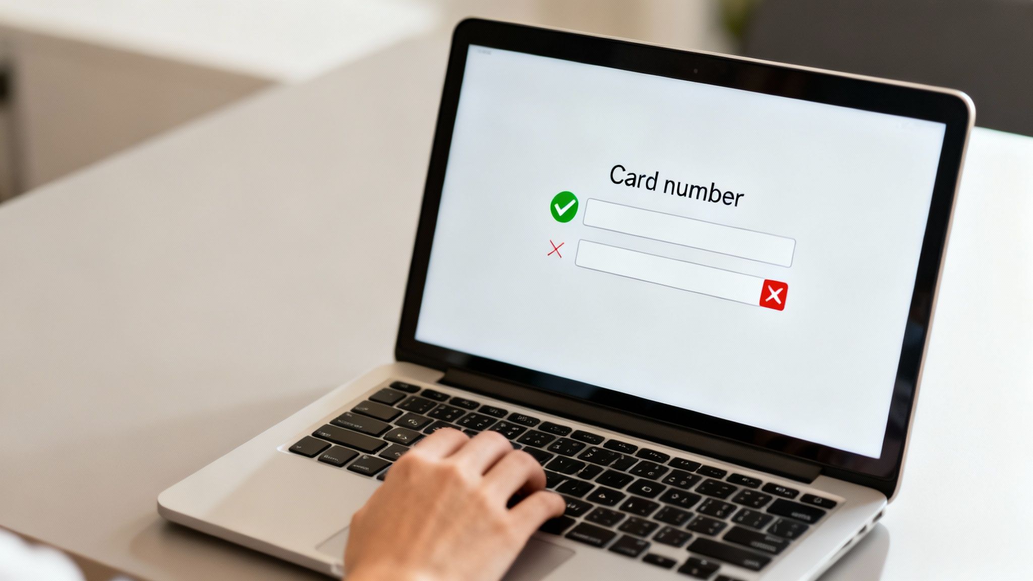 Close-up of a person typing on a laptop showing a credit card number validation screen.