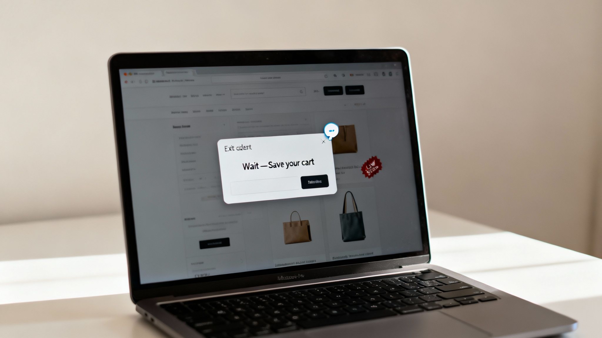 A laptop displaying an e-commerce website with an 'Exit udent: Wait - Save your cart' pop-up.
