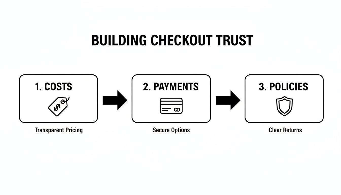Infographic outlining how to build checkout trust with transparent pricing, secure payments, and clear return policies.