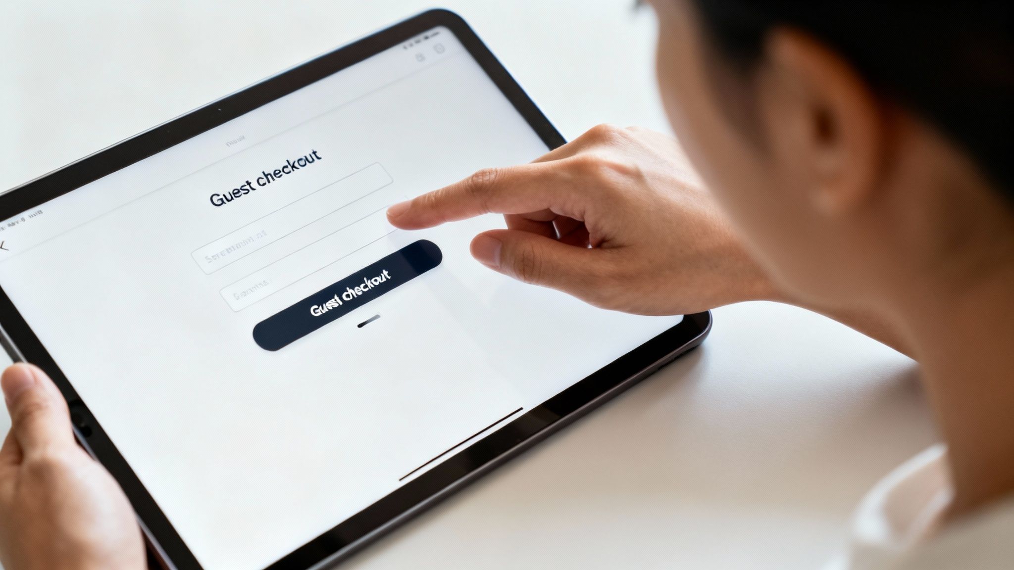 A person uses a tablet to complete a guest checkout, showcasing online shopping.
