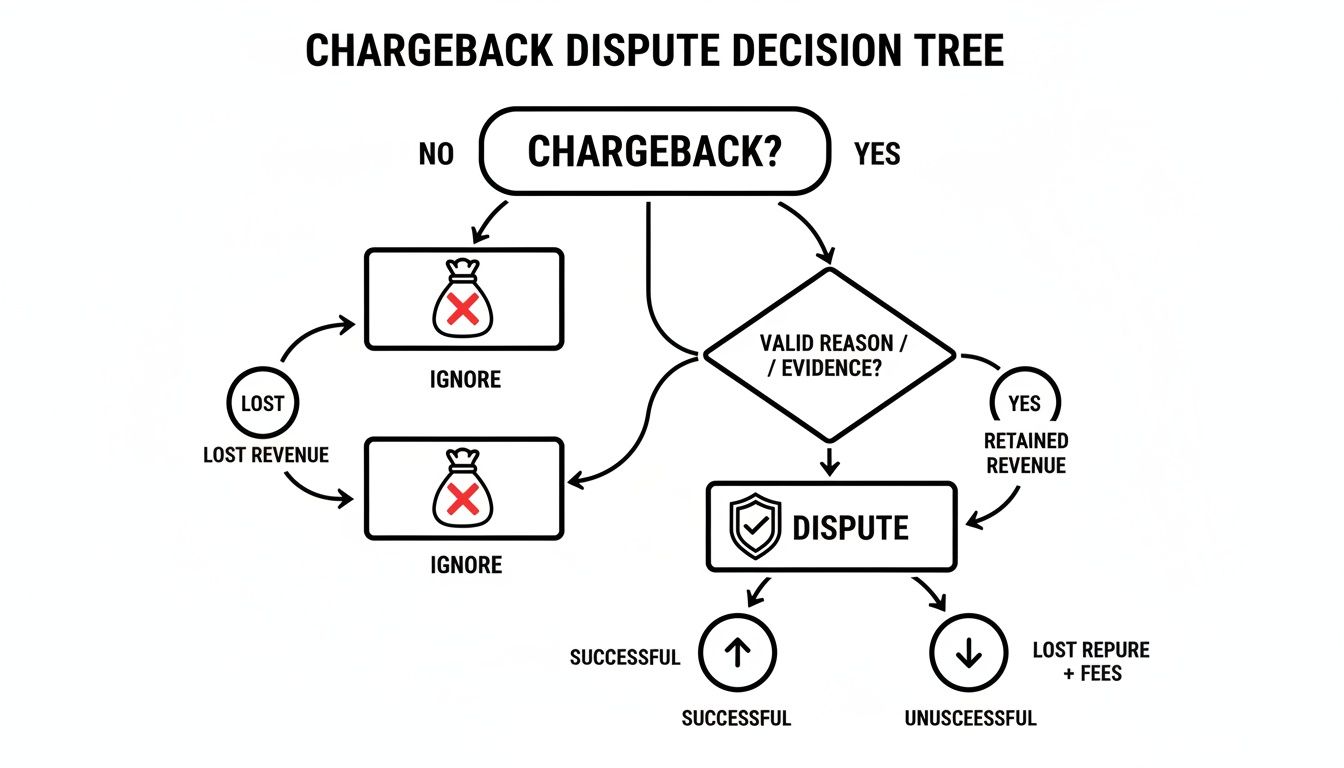 A flowchart illustrating the chargeback dispute decision tree process, showing options to ignore or dispute.