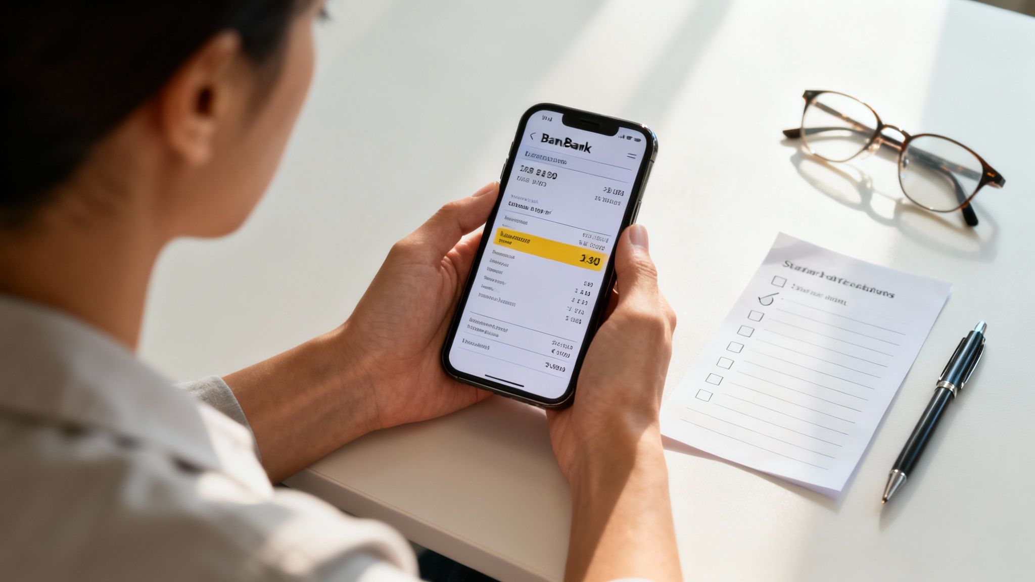 Person holding a smartphone displaying a banking app, with a checklist and glasses on a white desk.