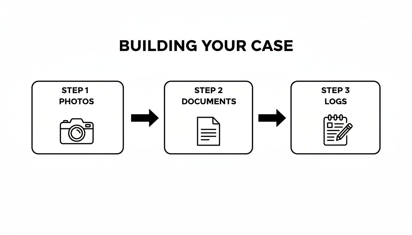 Flowchart illustrating three steps to build a case: photos, documents, and logs with respective icons.