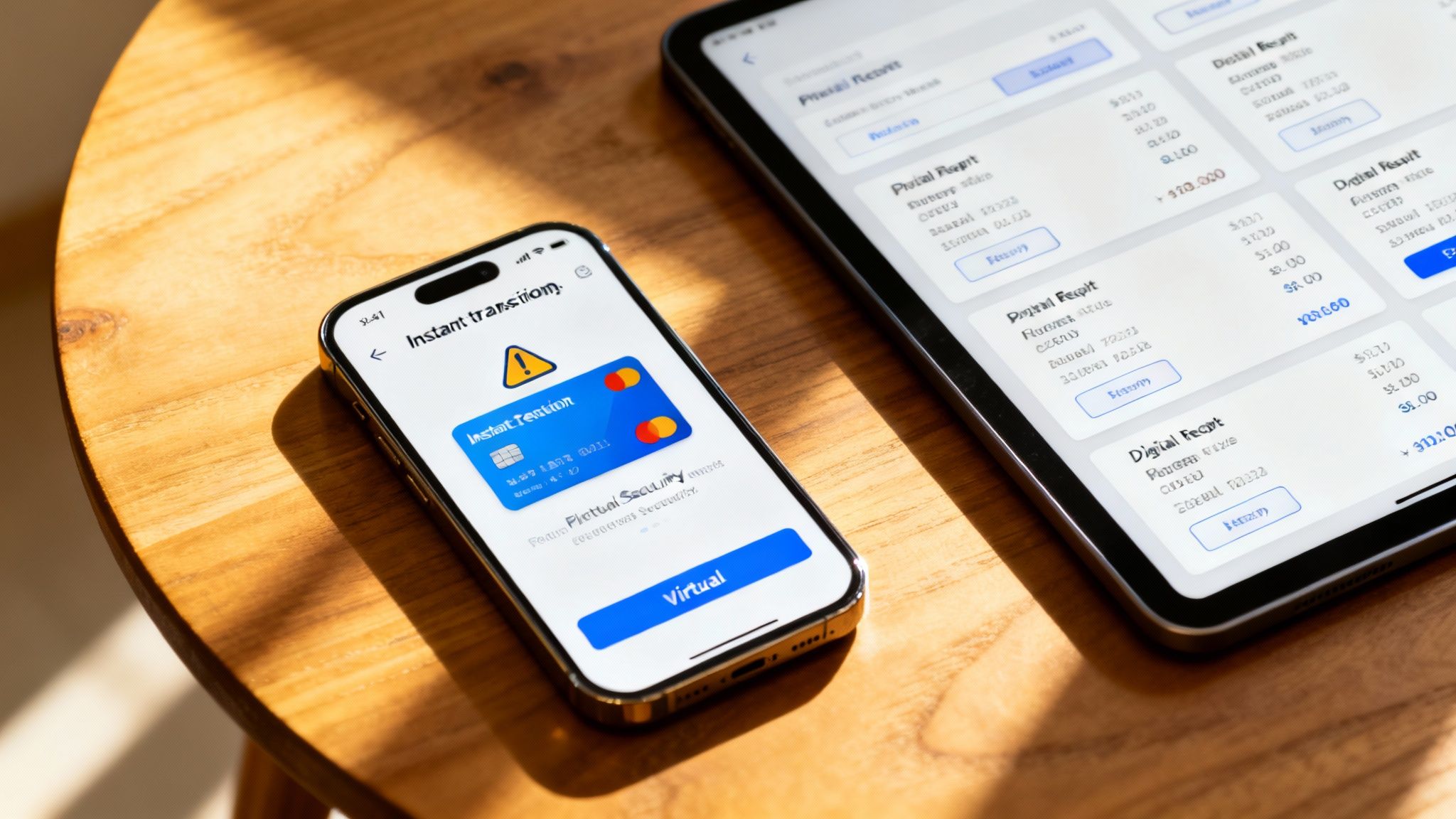 A smartphone displays a virtual credit card in a banking app next to a tablet showing digital transactions.